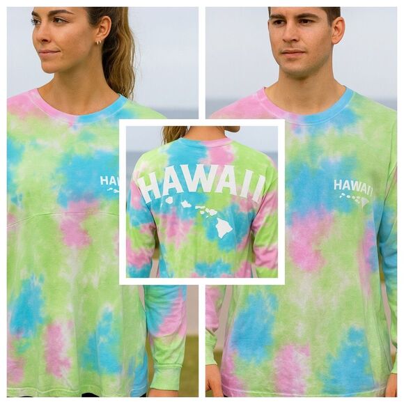 Hawaii Tie Dye Long Sleeve Spirit Jersey Pastel Rainbow Graphic Shirt Unisex L - Picture 1 of 5